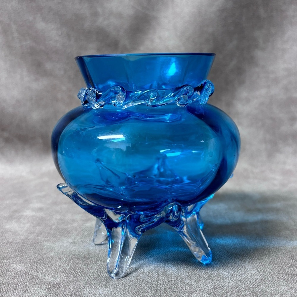Blue Glass Footed Vase Hand Blown Applied Ribbon Pilgrim Glass Made in USA